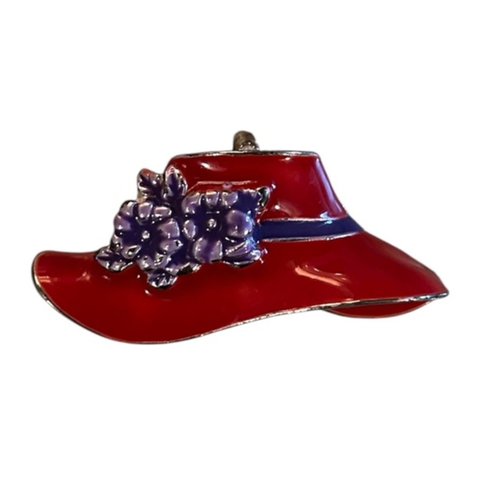 Vintage Red Hat Purple Floral Ribbon Enamel Pin Brooch Pendant Gold Tone